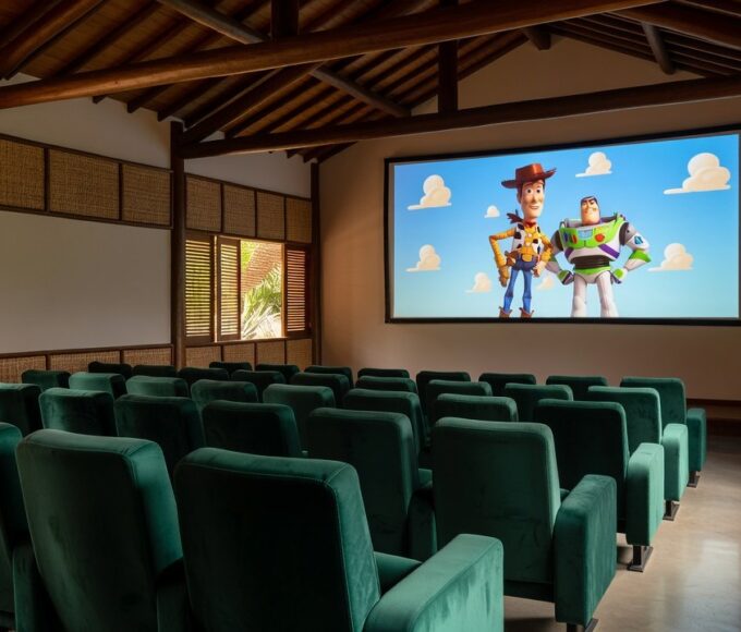 Interior de cinema em Porto Velho preparado para sessão sensorial de Toy Story 5 para autistas