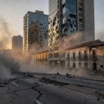 Paisagem urbana da Venezuela durante terremoto com rachaduras no solo