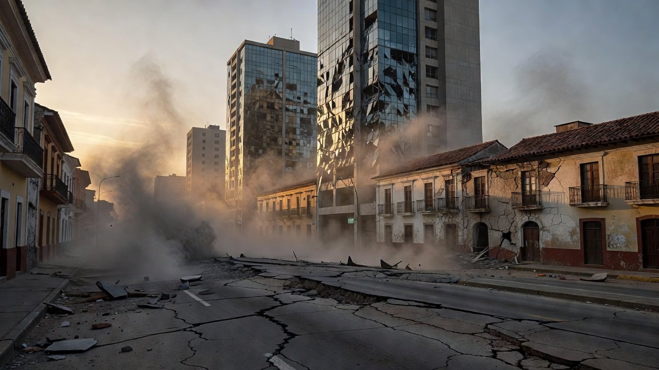 Paisagem urbana da Venezuela durante terremoto com rachaduras no solo
