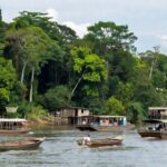 Comitiva fluvial navegando pelo rio Madeira em Rondônia para levar proteção social a ribeirinhos