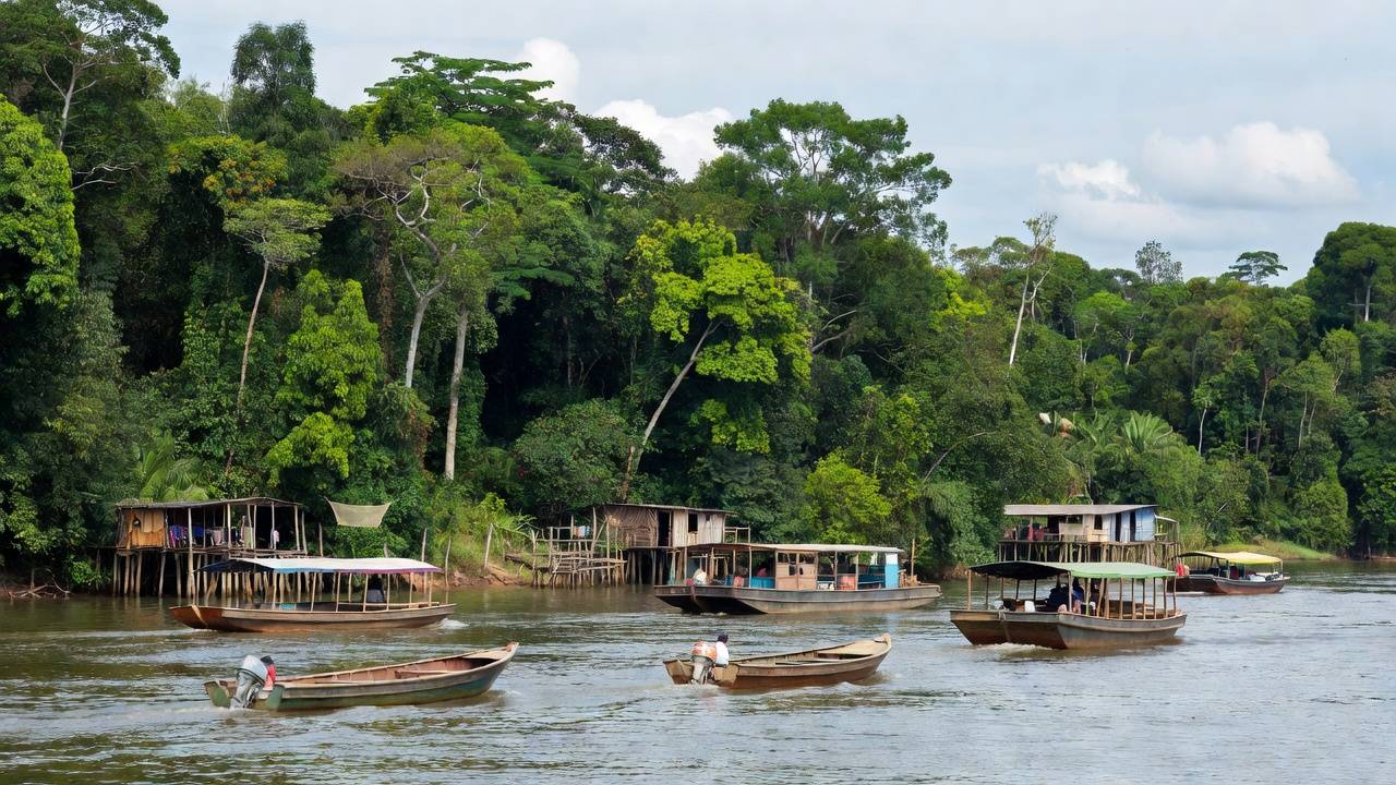 Comitiva fluvial navegando pelo rio Madeira em Rondônia para levar proteção social a ribeirinhos