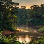 Paisagem do rio Madeira em Porto Velho com floresta amazônica ao pôr do sol, simbolizando o folclore tradicional