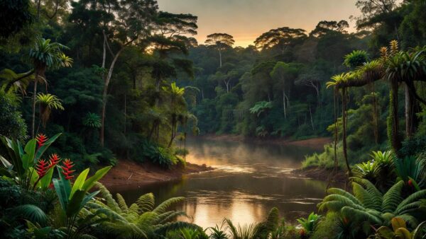 Paisagem do rio Madeira em Porto Velho com floresta amazônica ao pôr do sol, simbolizando o folclore tradicional