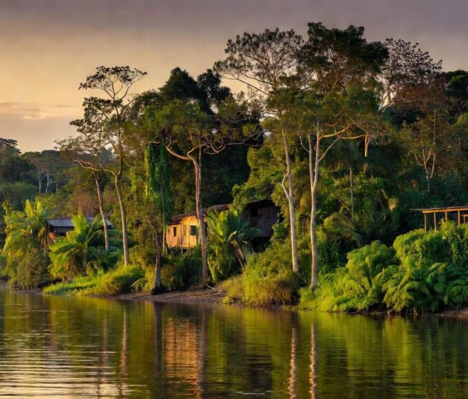 Rio Madeira em Porto Velho com seringueiras e paisagem amazônica do ciclo da borracha