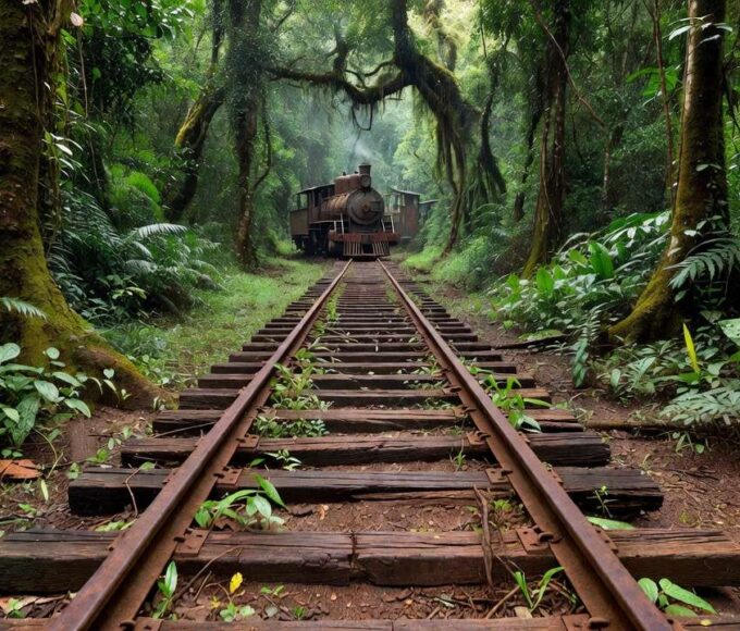 Trilhos da Estrada de Ferro Madeira-Mamoré na Amazônia em Porto Velho