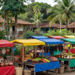 Feira comercial em Porto Velho com barracas de produtos locais