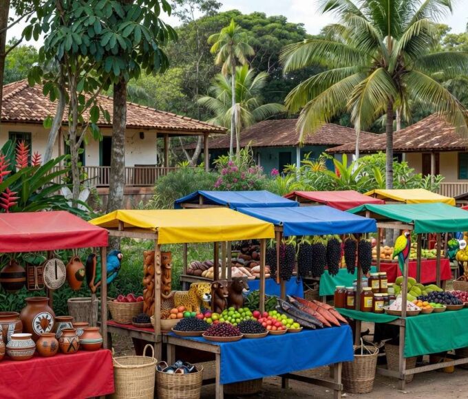 Feira comercial em Porto Velho com barracas de produtos locais