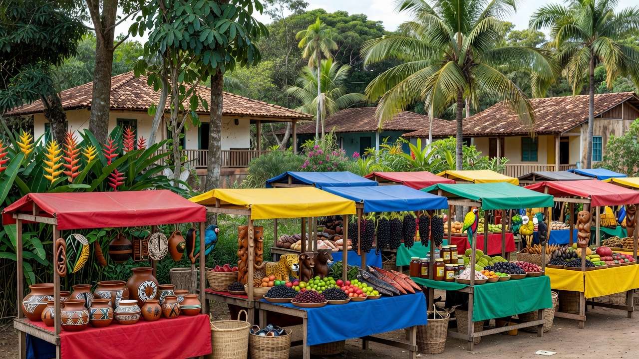 Feira comercial em Porto Velho com barracas de produtos locais