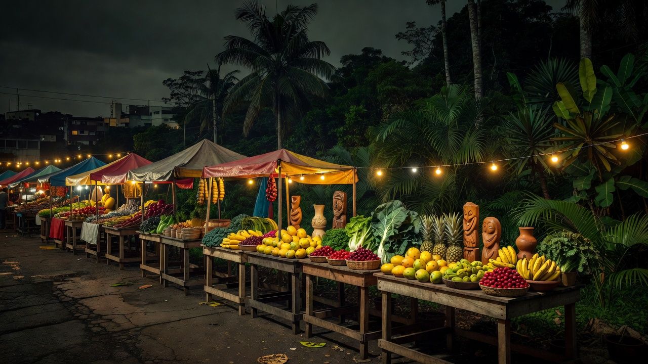 Feira noturna em Porto Velho com barracas iluminadas e produtos locais