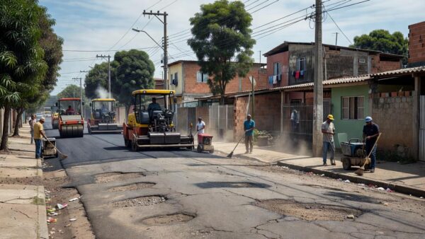 Rua do bairro Eldorado com obras de tapa-buracos e limpeza urbana pela prefeitura