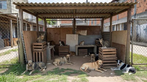 Abrigo de animais no Brasil representando lei contra maus-tratos e crimes