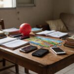 Celulares sobre mesa ao lado de livros e brinquedos em casa brasileira, queda no uso por crianças