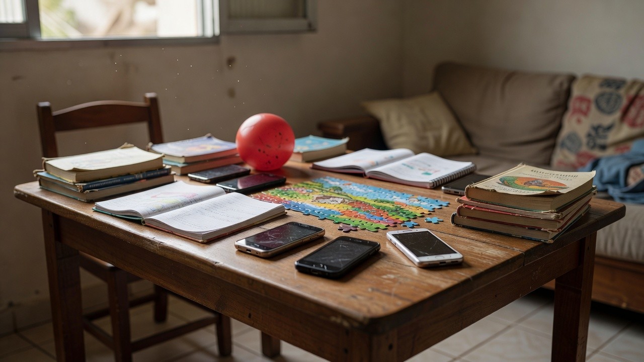 Celulares sobre mesa ao lado de livros e brinquedos em casa brasileira, queda no uso por crianças