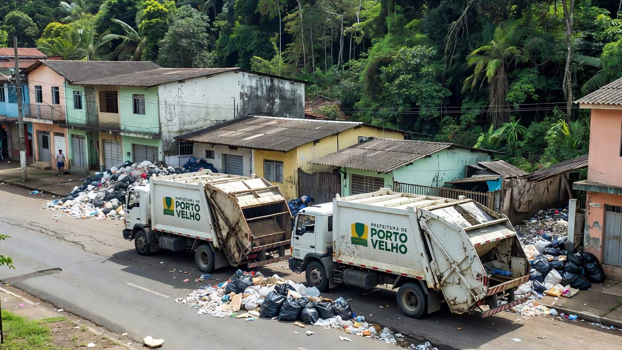Caminhões de coleta recolhendo lixo em Porto Velho