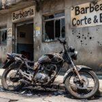 Barbearia no Jardim Santana com marcas de tiros e moto incendiada na calçada