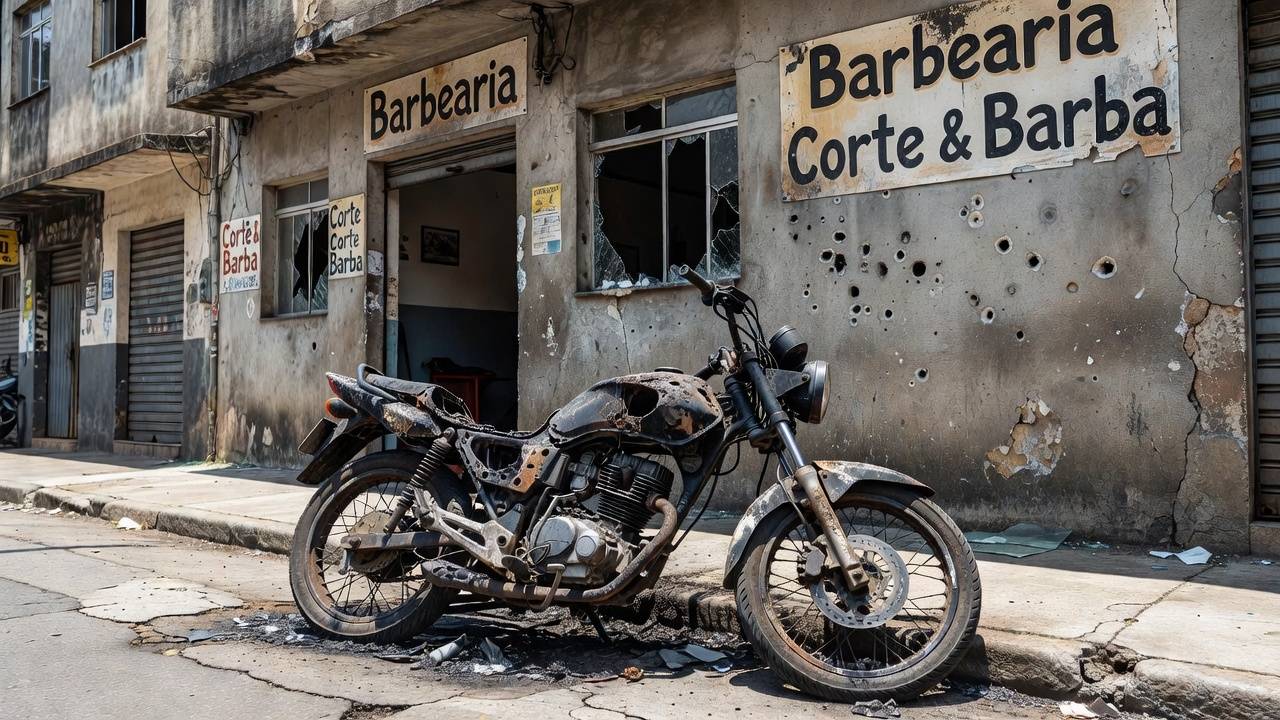 Barbearia no Jardim Santana com marcas de tiros e moto incendiada na calçada