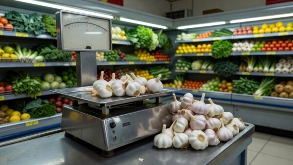 Balança com alhos em supermercado de Porto Velho