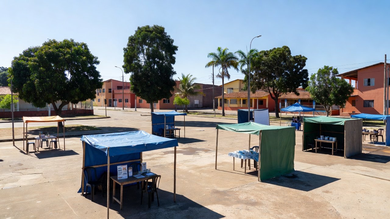 Praça na Zona Leste de Porto Velho com barracas de serviços gratuitos no evento Domingo na Praça