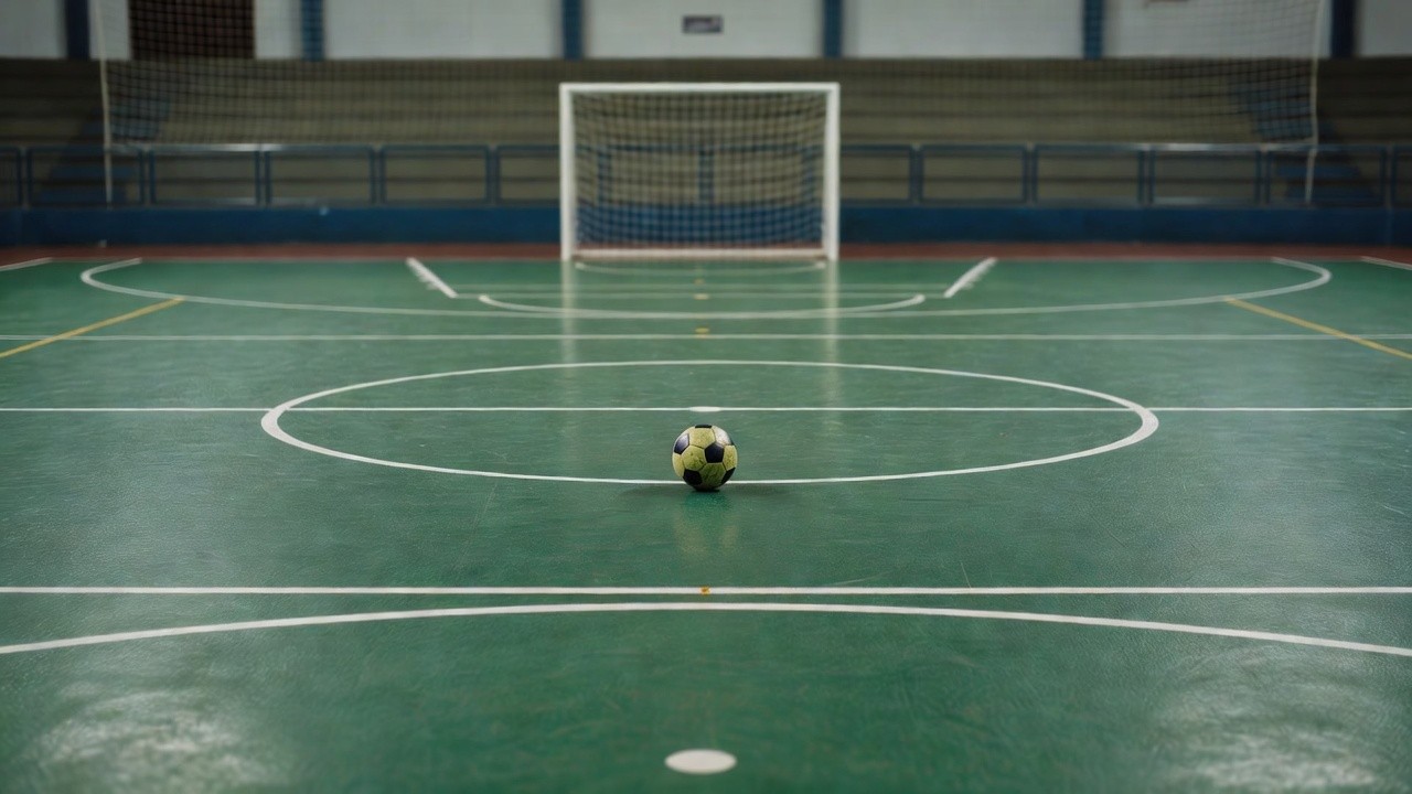 Quadra de futsal indoor preparada para quartas de final do Estadual 2026