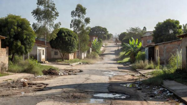 Rua Mirandão no bairro Canaã com pavimento irregular e sujeira