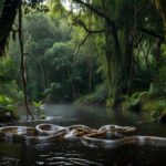 Sucuris em ritual de acasalamento em rio na Amazônia em Nova Mamoré