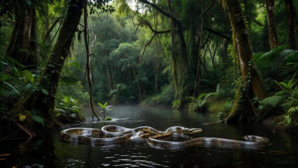 Sucuris em ritual de acasalamento em rio na Amazônia em Nova Mamoré