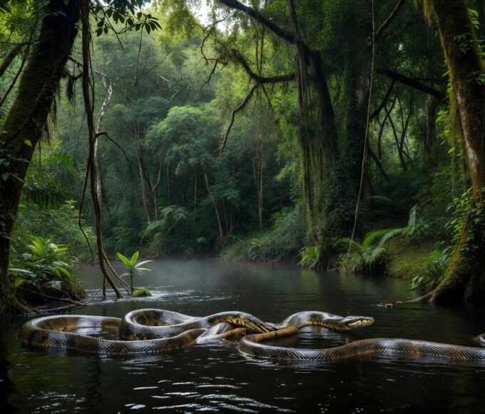 Sucuris em ritual de acasalamento em rio na Amazônia em Nova Mamoré