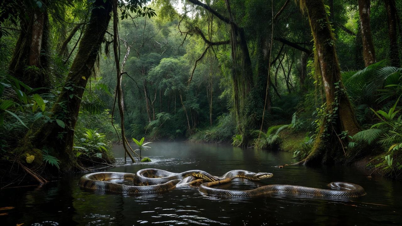 Sucuris em ritual de acasalamento em rio na Amazônia em Nova Mamoré