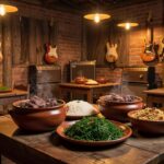 Interior de pub em Porto Velho com feijoada e elementos de rock