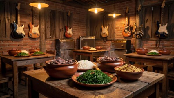 Interior de pub em Porto Velho com feijoada e elementos de rock