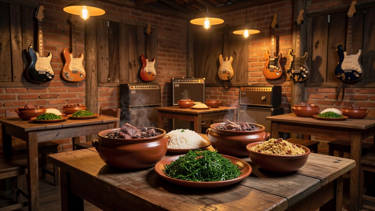 Interior de pub em Porto Velho com feijoada e elementos de rock