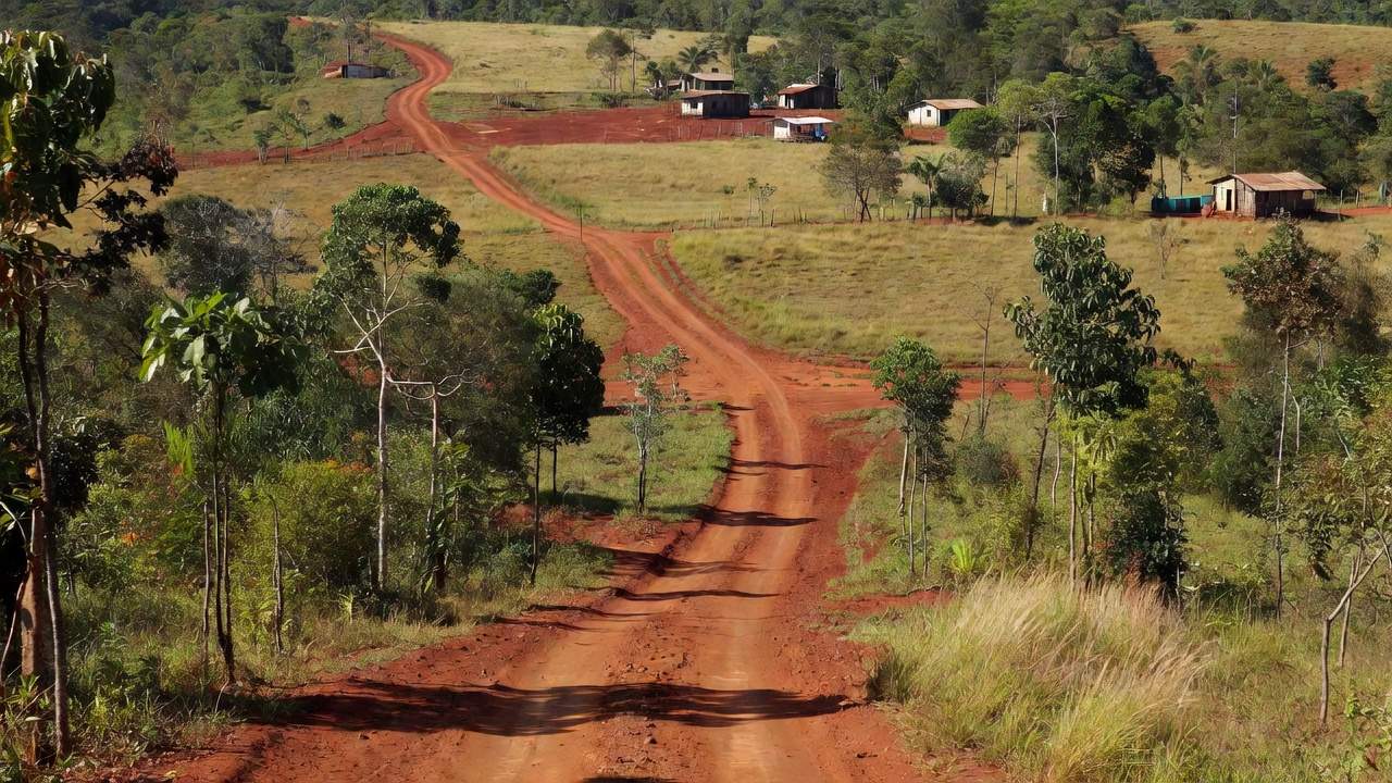 Paisagem rural do Cone Sul de Rondônia com estradas e vegetação típica