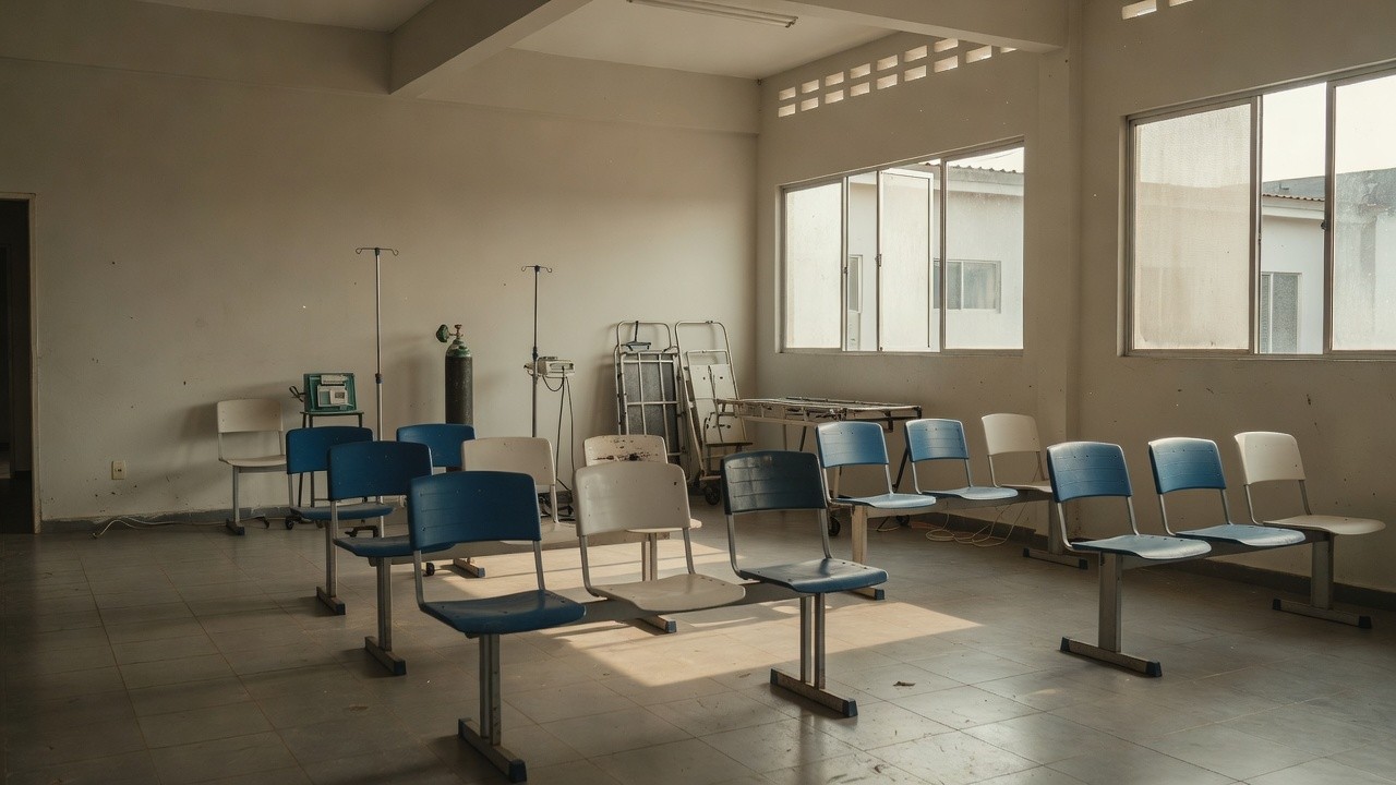 Sala de espera vazia na UPA de Porto Velho representando espera por transferência de paciente