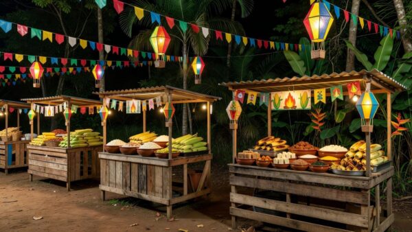 Arraial junino com barracas de comidas típicas em Porto Velho