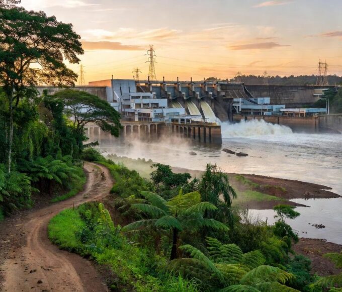 Vista panorâmica da Usina Jirau com percurso de corrida em Porto Velho