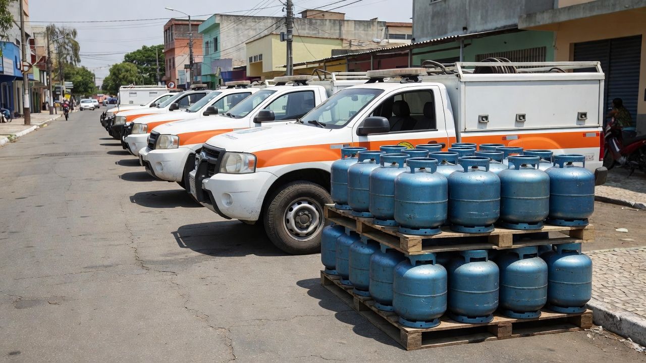 Viaturas da defesa civil e botijões de gás de cozinha no Brasil