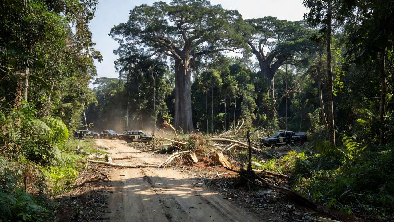 Viaturas da Polícia Civil em área de desmatamento na Amazônia em Rondônia