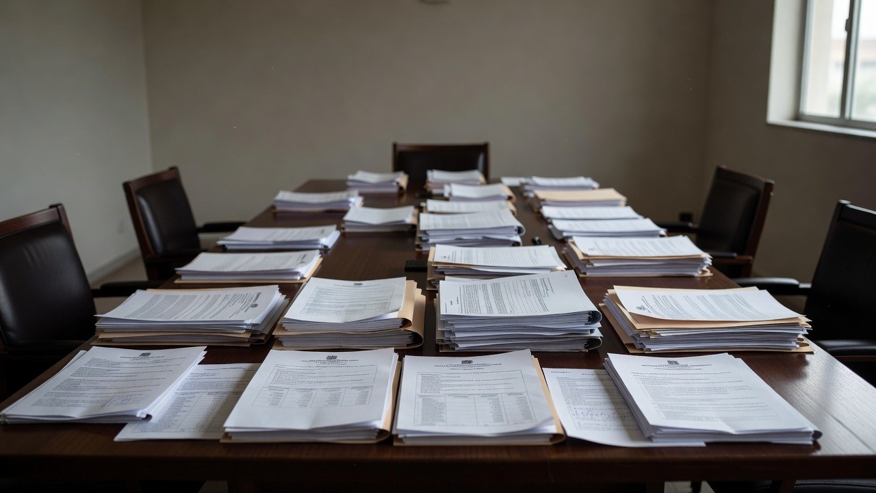 Documentos e relatórios sobre as contas do Estado em sala de reuniões do TCE-RO