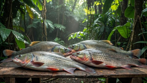 Tambaqui e pirarucu frescos simbolizando consumo de peixes de água doce no Brasil