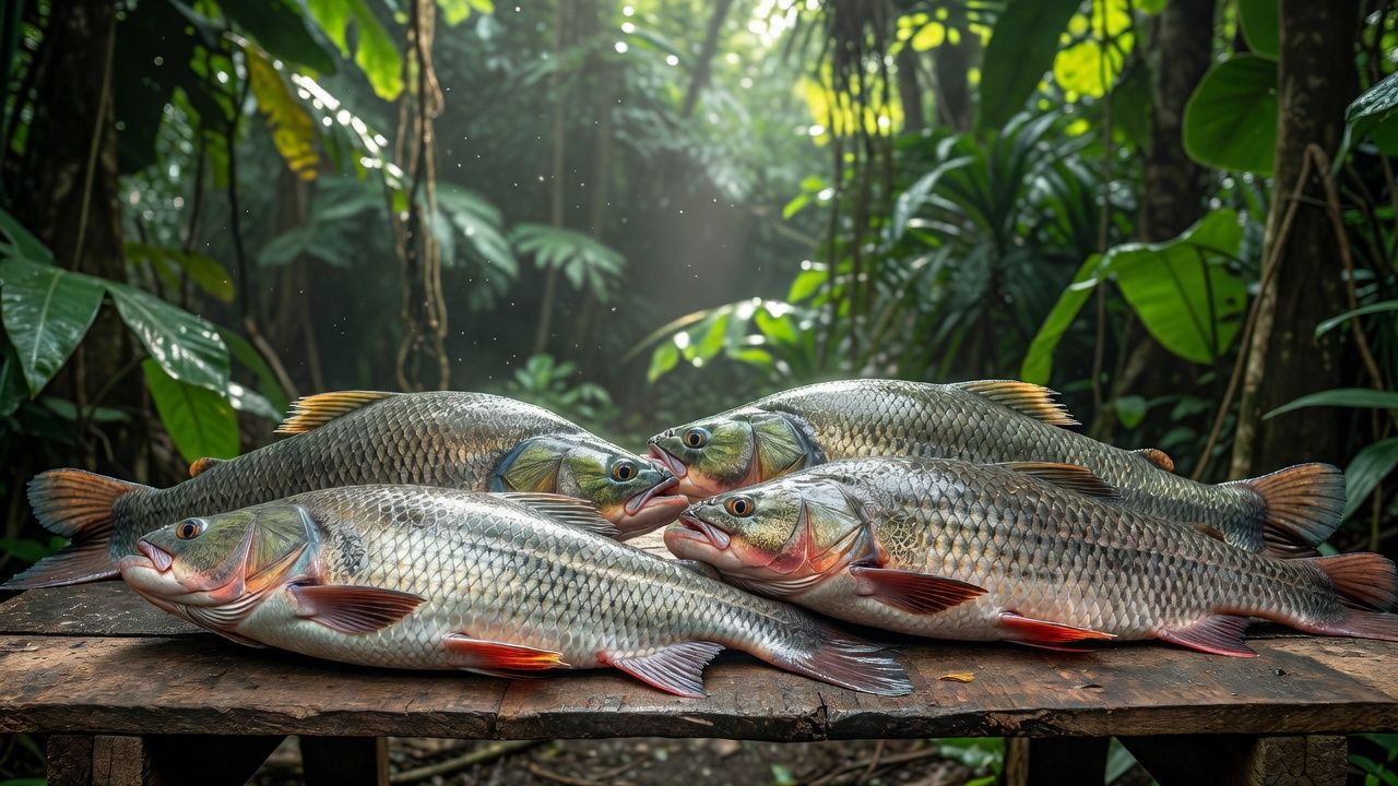 Tambaqui e pirarucu frescos simbolizando consumo de peixes de água doce no Brasil