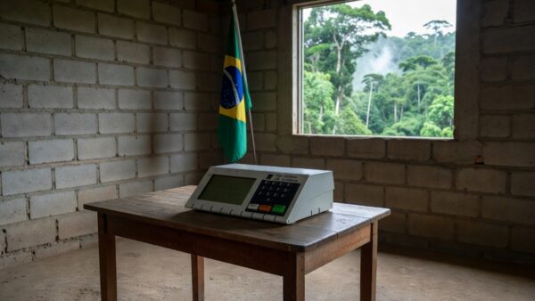 Urna eletrônica em seção eleitoral em Rondônia durante pesquisa para governador