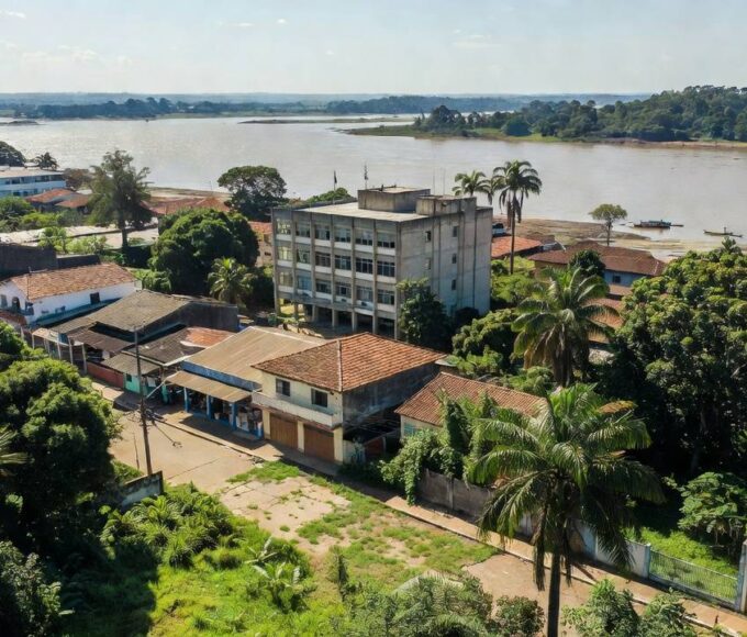 Centro de Porto Velho com comércios locais e prédio público para licitações