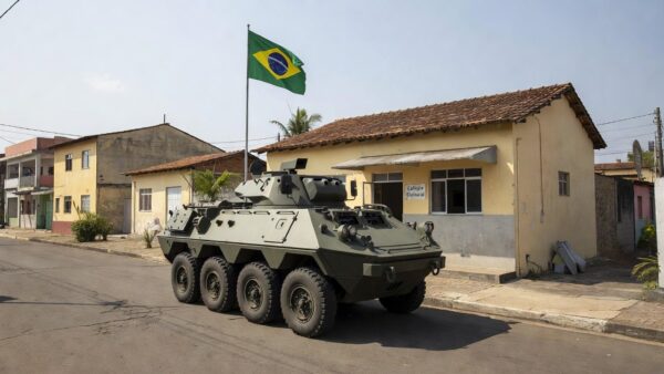 Viatura das Forças Armadas em frente a local de votação no Brasil