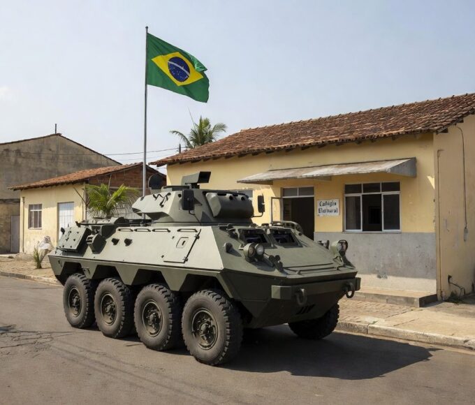 Viatura das Forças Armadas em frente a local de votação no Brasil