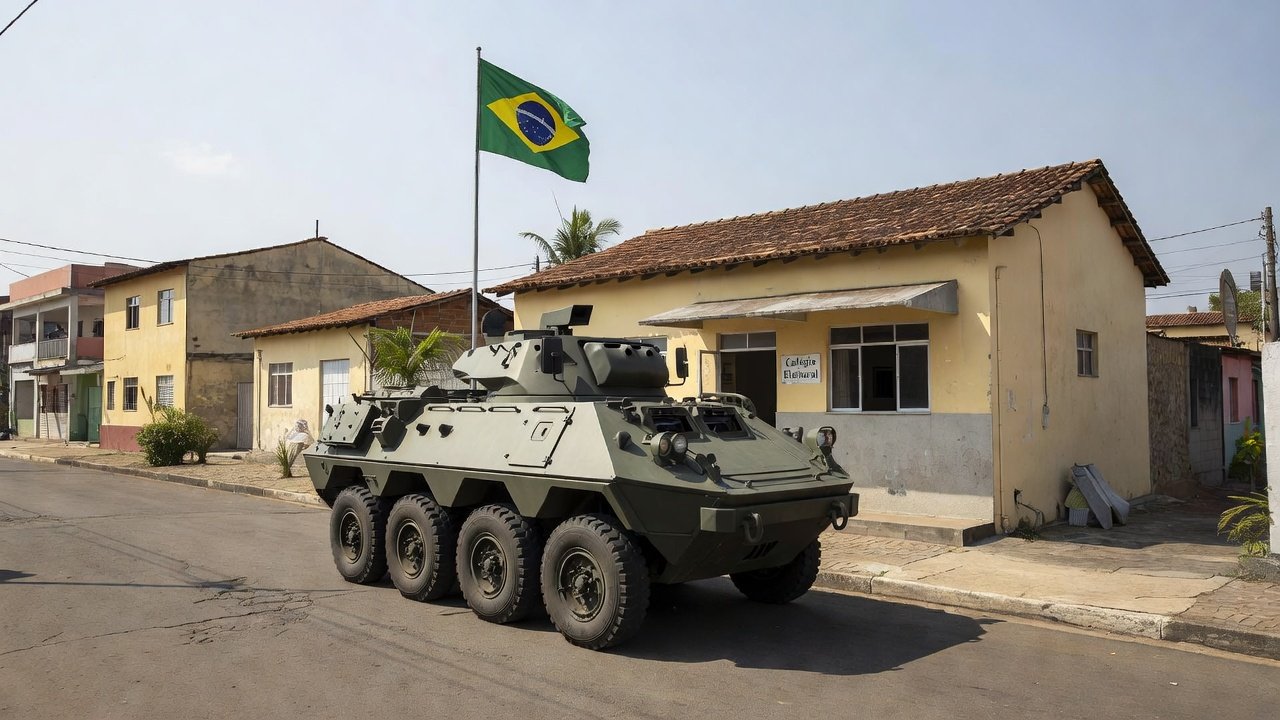 Viatura das Forças Armadas em frente a local de votação no Brasil