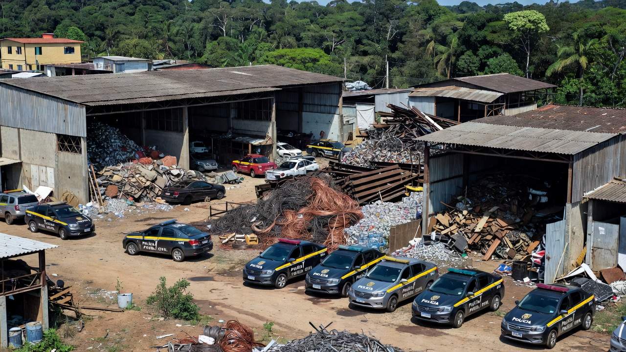 Viaturas da Polícia Civil em operação contra receptação em ferro-velho em Porto Velho