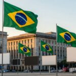 Praça pública com bandeiras do Brasil e materiais de campanha eleitoral vazios
