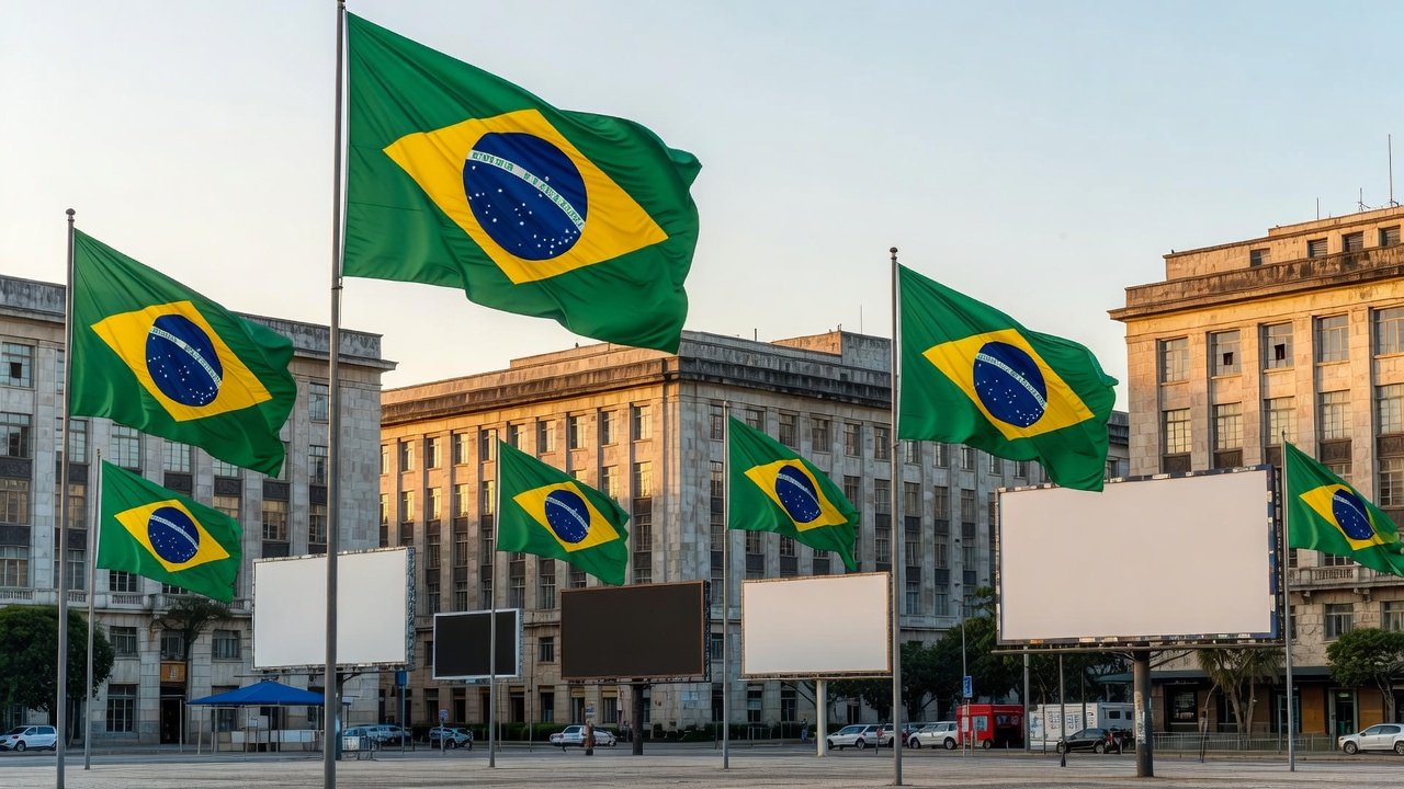 Praça pública com bandeiras do Brasil e materiais de campanha eleitoral vazios