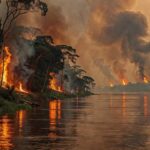 Queimadas na margem oposta do rio Madeira vistas de Porto Velho com fumaça na Amazônia