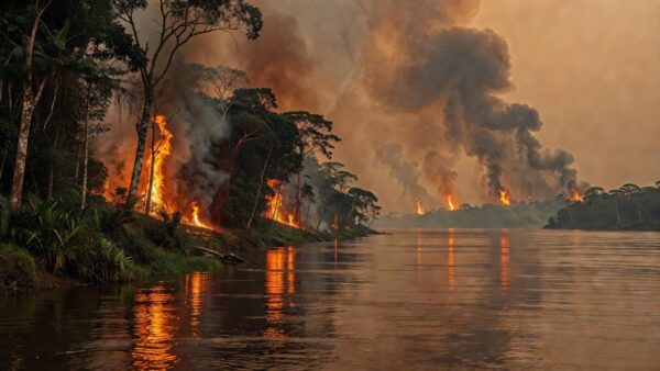 Queimadas na margem oposta do rio Madeira vistas de Porto Velho com fumaça na Amazônia